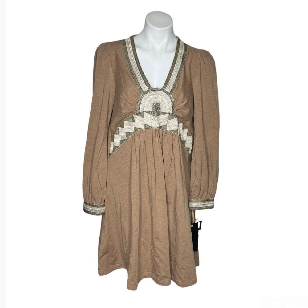 DIANE GOES HOLLYWOOD Dress V Neck Beads Textured Ribbon Tan Size Medium NEW